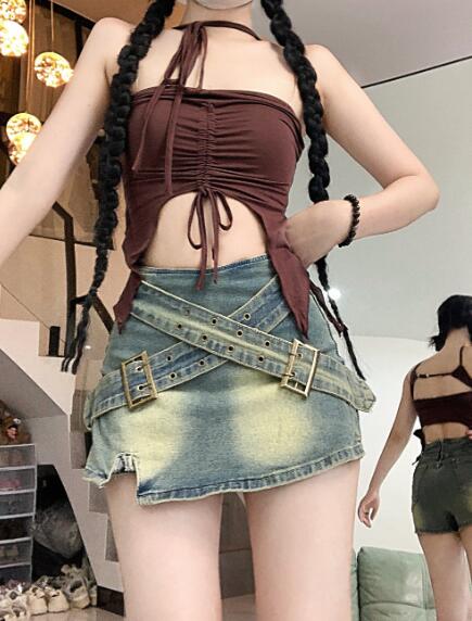 乐天商城 - ♪S~XL展開♪ベルト　スカート スカパン　デニム 　ブルー　青　シンプル　ハイウエスト　ミニスカ　ミニ　膝上　ひざ丈　ボトムス　ダンス　衣装　ヒップホップ　HIPHOP　レディース　ガールズ　kpop　韓国　ストリート 文化祭　イベント　個性的　奇抜　派手