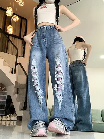 ♪S~XL展開♪ ダメージ 破れ加工 デニム ズボン ボトムス パンツ ジーンズ ジーパン ストレート ロング ダンス 衣装 ヒップホップ HIPHOP レディース ガールズ ストリート 奇抜 派手 韓国 ビッグ 大きいサイズ かっこいい