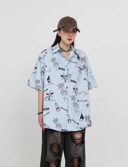 樂天商城 - ♪M~XL展開♪総柄　シャツ　ブラウス　トップス　カットソー　半袖　前開き　ゆったり　大きいサイズ　ダンス　衣装　ヒップホップ　HIPHOP　レディース　メンズ　ガールズ　大人　韓国　かわいい　奇抜　派手　総柄　柄シャツ　韓国