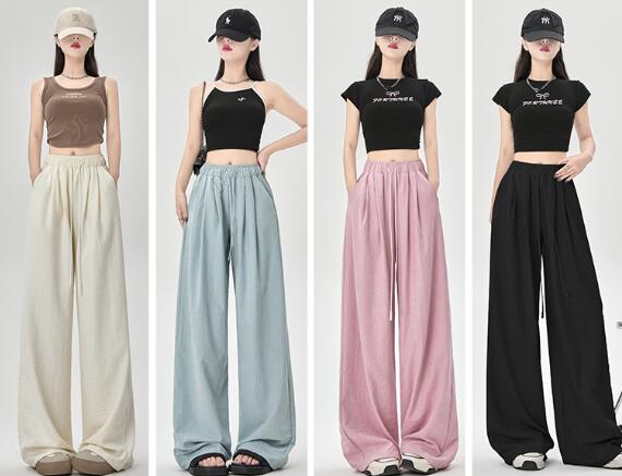 樂天商城 - ♪S~XL展開 ♪ズボン　ボトムス　パンツ　ブラック　黒　アイボリー　ブルー　ピンク　ゆったり　シンプル　ハイウエスト　レディース　ガールズ　ストリート　大人　薄手 涼感
