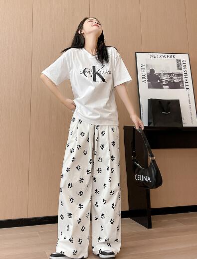 乐天商城 - ♪S~XL展開 ♪総柄　ズボン　ボトムス　パンツ　ブラック　黒　ホワイト　白　ゆったり　シンプル　ハイウエスト　ゴム　レディース　ガールズ　ストリート　大人 韓国ファッション　かわいい