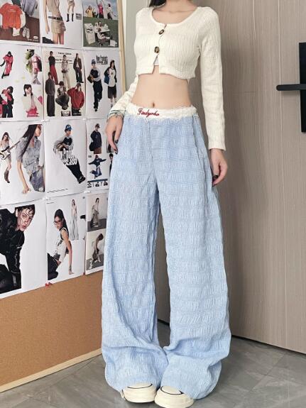樂天商城 - 刺繍　レース　ロゴ　ズボン　ボトムス　パンツ　ゆったり　シンプル　ハイウエスト　レディース　ガールズ　ストリート　大人　かわいい