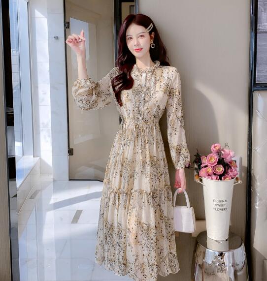 樂天商城 - 花柄　マキシワンピース ロング丈 ワンピース 長袖 レディース シフォン きれいめ キレイめ 上品 着痩せ おしゃれ 可愛い お呼ばれ お出かけ 通勤 普段着