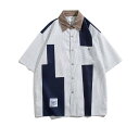 ロゴ シャツ ストライプ 切替 ブラウス 半袖 五分袖 トップス カットソー 前開き ボタン 白 ホワイト ダンス 衣装 ヒップホップ HIPHOP レディー...