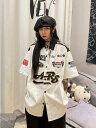 ロゴ シャツ ストライプ ブラウス 半袖 五分袖 トップス カットソー 前開き ボタン ブラック 黒 白 ホワイト ダンス 衣装 ヒップホップ HIPHOP レ...
