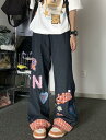 レトロ ハート チェック柄 ワッペン デニム ズボン ボトムス パンツ ジーンズ ジーパン ストレート ロング ブラック レッド ダンス 衣装 ヒップホップ ...