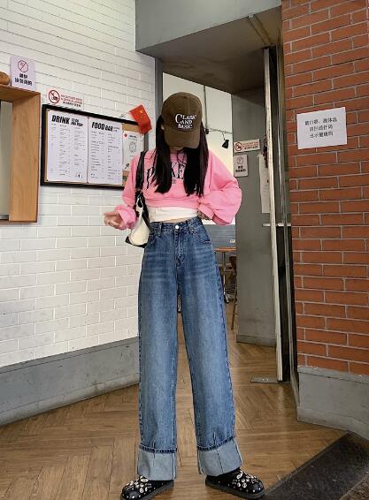 樂天商城 - デニム　ジーンズ　ジーパン　パンツ　ズボン　ボトムス　　ロング　ストレート　ハイウエスト　ダンス　衣装　ヒップホップ　HIPHOP　レディース　ガールズ　ストレート　無地　シンプル　青　ブルー　韓国　おしゃれ　可愛い　奇抜