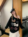 犬 プリント ハート リボン 長袖 トップス カットソー Tシャツ 肩出し グレー ブラック 黒 レース ゆったり レディース ガールズ ストリート 個性的 奇...