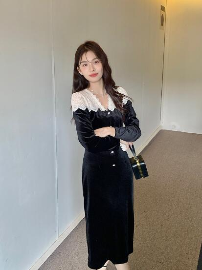 レース切替　ボタン　膝丈 膝下 マキシ ロング丈 ワンピース レディース きれいめ キレイめ 上品 着痩せ おしゃれ　かわいい お呼ばれ　同窓会 謝恩会 お出かけ 通勤 普段着 秋冬新作