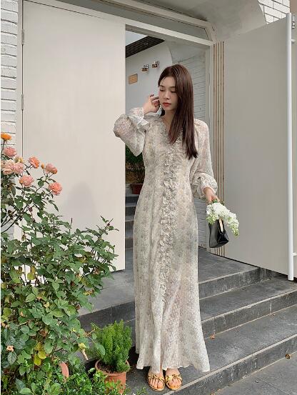 シフォン 花柄 膝丈 膝下 マキシ ロング丈 ワンピース レディース きれいめ キレイめ 上品 着痩せ おしゃれ かわいい お呼ばれ 同窓会 謝恩会 お出かけ 通勤 普段着 秋冬新作
