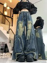デニム ズボン ボトムス パンツ ジーンズ ジーパン ダメージ 破れ加工 デザイン ストレート ロング シンプル ダンス 衣装 ヒップホップ HIPHOP レデ...