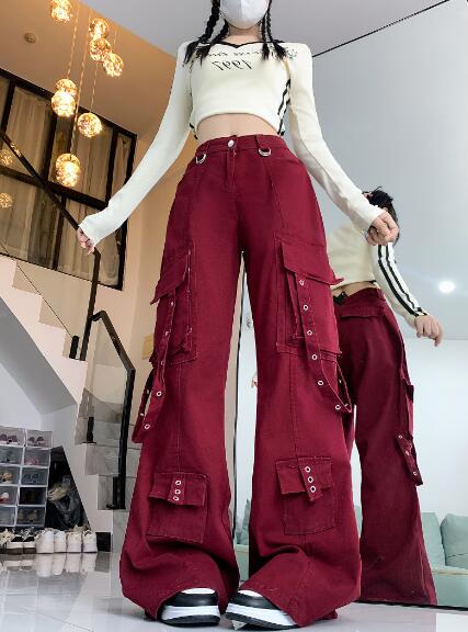 乐天商城 - カーゴパンツ　パンツ　ズボン　ボトムス　 ロング　ワイド　太い　太め　大きいサイズ　ビッグ　ゆったり　ハイウエスト　ベルト　レッド　赤　ポケット　ダンス　衣装　ヒップホップ　HIPHOP　レディース　メンズ　ガールズ　個性的　奇抜　かっこいい　派手