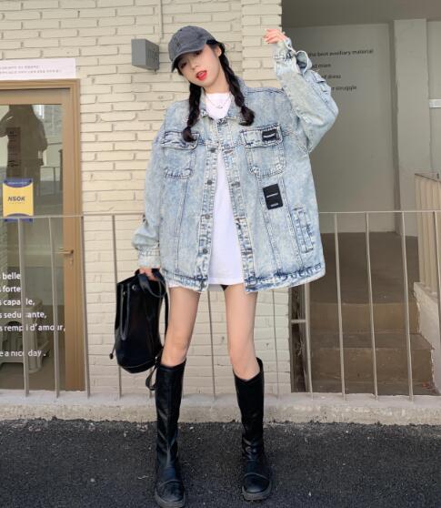 ワッペン　バックプリント　ジージャン　デニム　ジャケット　長袖　Gジャン　ホワイト 青　ボタン　ポケット　ビッグ　大きいサイズ　..