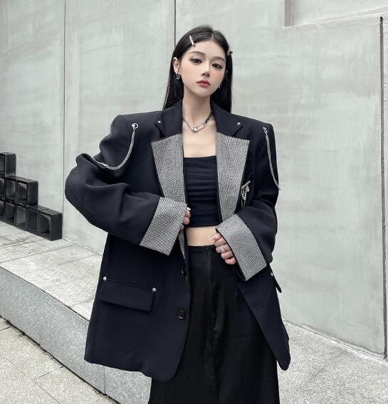 モード系 　チェーン　切替　ジャケット　アウター　長袖　大きいサイズ　ビッグ　ゆったり　黒　ブラック　ポケット　前開き　ダンス　衣装　ヒップホップ　HIPHOP　レディース　　ガールズ　奇抜　個性的