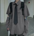 取り外し可 ネクタイ/チェーン付 ブラウス シャツ トップス カットソー 長袖 半袖 ポケット グレー 黒 ブラック 無地 シンプル 大きいサイズ ダンス 衣装 ヒップホップ HIPHOP レディース メンズ ガールズ ストリート 個性的 奇抜 ゆったり