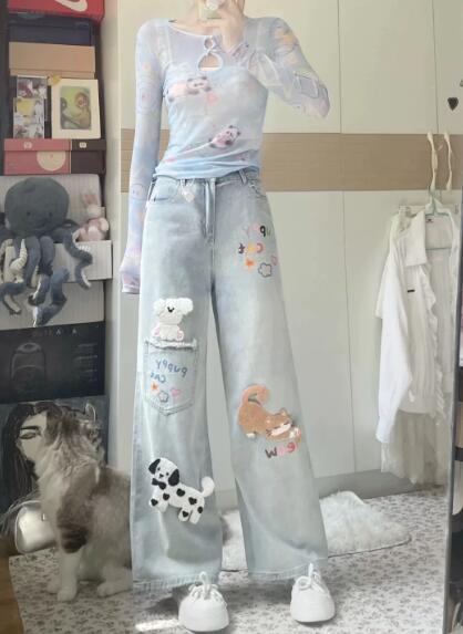 樂天商城 - ワッペン　プリント　デニム　ズボン　ボトムス　パンツ　ジーンズ　ジーパン　ストレート　ロング　シンプル　ブルー　青　ダンス　衣装　ヒップホップ　HIPHOP　レディース　ガールズ　ストリート　奇抜　派手　韓国　ビッグ　大きいサイズ　かわいい