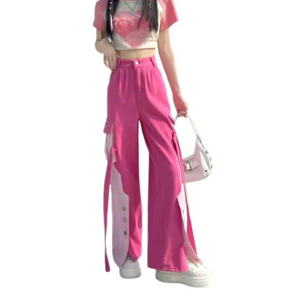 バイカラー　ボタン　デニム　ズボン　ボトムス　パンツ　ジーンズ　ジーパン　ストレート　ピンク　ロング　ワイド　太い　太め　ダンス　衣装　ヒップホップ　HIPHOP　レディース　ガールズ　ストリート　奇抜　派手　韓国　大きいサイズ
