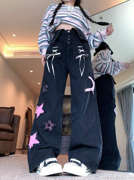 リボン ワッペン デニム ズボン ボトムス パンツ ジーンズ ジーパン ストレート ロング シンプル ダンス 衣装 ヒップホップ HIPHOP レディース ガールズ ストリート 奇抜 派手 韓国 ビッグ 大きいサイズ かわいい