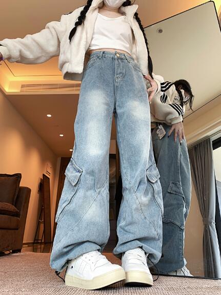 カーゴパンツ デニム ズボン ボトムス パンツ ジーンズ ジーパン ストレート ロング シンプル ダンス 衣装 ヒップホップ HIPHOP レディース ガールズ メンズ ストリート 奇抜 派手 韓国 ビッグ 大きいサイズ かっこいい