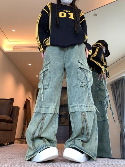 カーゴパンツ デニム ズボン ボトムス パンツ ジーンズ ジーパン ストレート ロング シンプル ダンス 衣装 ヒップホップ HIPHOP レディース ガールズ メンズ ストリート 奇抜 派手 韓国 ビッグ 大きいサイズ かっこいい