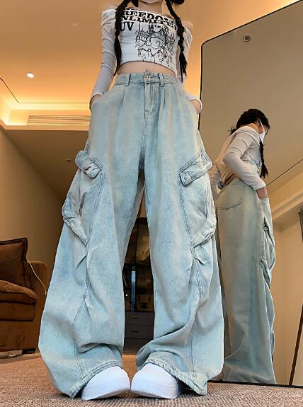 カーゴパンツ デニム ズボン ボトムス パンツ ジーンズ ジーパン ストレート ロング シンプル ワイド 太い 太め ダンス 衣装 ヒップホップ HIPHOP レディース ガールズ メンズ ストリート 奇抜 派手 韓国 ビッグ 大きいサイズ かっこいい