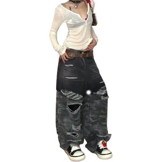 「ベルトなし」ダメージ ミリタリー デニム ズボン ボトムス パンツ ジーンズ ジーパン ストレート ロング シンプル ダンス 衣装 ヒップホップ HIPHOP レディース ガールズ メンズ ストリート 奇抜 派手 韓国 ビッグ 大きいサイズ かっこいい