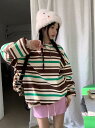 ボーダー 長袖 トップス カットソー トレーナー グリーン ブラウン ホワイト ダンス 衣装 ヒップホップ HIPHOP レディース ガールズ ストリート 韓...