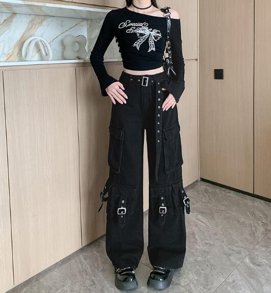 ベルト カーゴパンツ ジーンズ ジーパン パンツ ズボン ボトムス ポケット デニム 太い 太め ダンス 衣装 ヒップホップ HIPHOP レディース ガールズ ストリート 大きいサイズ かっこいい 個性的 韓国ファッション