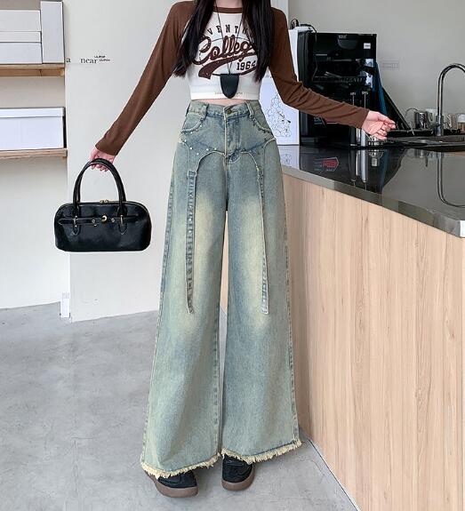 レトロ ベルト ジーンズ ジーパン パンツ ズボン ボトムス ポケット デニム 太い 太め ダンス 衣装 ヒップホップ HIPHOP レディース ガールズ ストリート 大きいサイズ かっこいい 個性的 韓国ファッション