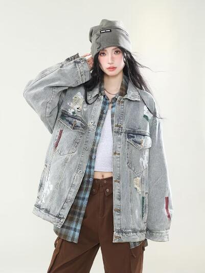 乐天商城 - ダメージ　破れ加工　ジージャン　デニムジャケット　アウター　長袖　 ビッグシルエット ゆめかわいい　 奇抜 　派手 　トップス 　ダンス衣装 韓国ファッション　 大きいサイズ　 個性的 　服　 原宿系　オーバーサイズ 　レディース　メンズ　 ユニセックス きれいめ