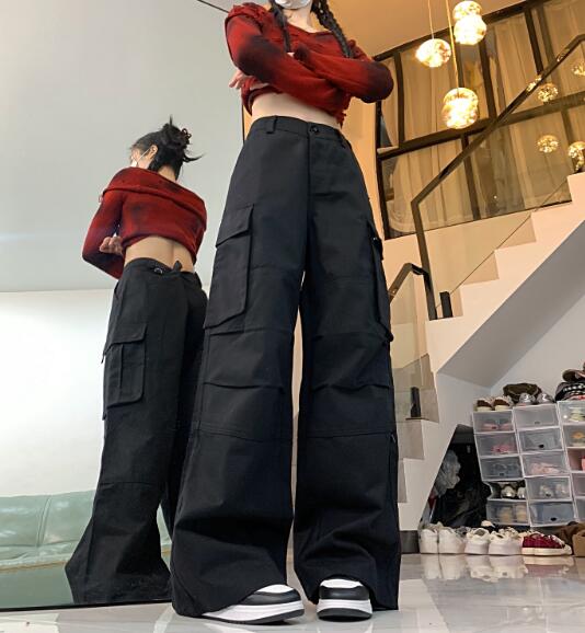 乐天商城 - カーゴパンツ　パンツ　ズボン　ボトムス　スウェット ロング　ワイド　太い　太め　大きいサイズ　ビッグ　ゆったり　ハイウエスト　ポケット　ダンス　衣装　ヒップホップ　HIPHOP　レディース　ガールズ　個性的　奇抜