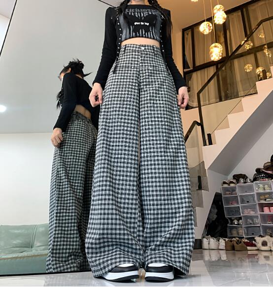 樂天商城 - チェック柄　レトロ　パンツ　ズボン　ボトムス　 ロング　ワイド　太い　太め　大きいサイズ　ビッグ　ゆったり　ハイウエスト　ポケット　ダンス　衣装　ヒップホップ　HIPHOP　レディース　ガールズ　個性的　奇抜