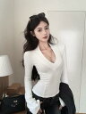Vネック トップス カットソー 長袖 Tシャツ インナー 着痩せ セクシー レディース ガールズ ストリート 個性的 奇抜 派手 韓国 おしゃれ 秋冬