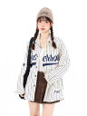 ストライプ ロゴ ワッペン ブラウス 長袖 シャツ トップス カットソー 前開き ボタン 大きいサイズ ビッグ ダンス 衣装 ヒップホップ HIPHOP レディース ガールズ ストリート 奇抜 個性的 韓国 派手