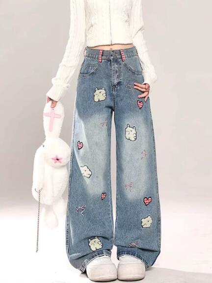 樂天商城 - 刺繍　ハート　ジーンズ　ジーパン パンツ　ズボン　ボトムス　ポケット　デニム　太い　太め　ダンス　衣装　ヒップホップ　HIPHOP　レディース　ガールズ　ストリート　大きいサイズ　かわいい　個性的　韓国ファッション