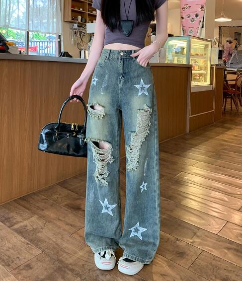 乐天商城 - 星　ダメージ　破れ加工　ジーンズ　ジーパン パンツ　ズボン　ボトムス　ポケット　デニム　太い　太め　ダンス　衣装　ヒップホップ　HIPHOP　レディース　ガールズ　ストリート　大きいサイズ　かっこいい　個性的　韓国ファッション