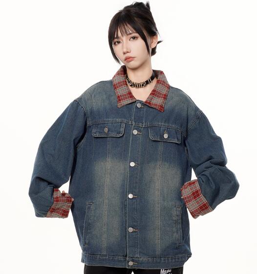 樂天商城 - ジージャン　デニム　ジャケット　長袖　Gジャン　青　ブルー　ビッグプリント　シンプル　ボタン　ポケット　ビッグ　大きいサイズ　ダンス　衣装　ヒップホップ　HIPHOP　レディース　ガールズ　大人　ストリート　アウター　ジャンパー　韓国　おしゃれ