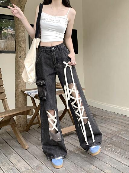 レースアップ　ジーンズ　ジーパン パンツ　ズボン　ボトムス　ポケット　デニム　太い　太め　ダンス　衣装　ヒップホップ　HIPHOP　レディース　ガールズ　ストリート　大きいサイズ　かわいい　個性的　韓国ファッション