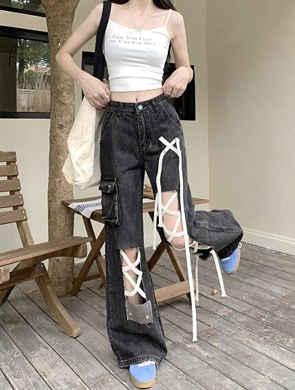 レースアップ　ジーンズ　ジーパン パンツ　ズボン　ボトムス　ポケット　デニム　太い　太め　ダンス　衣装　ヒップホップ　HIPHOP　レディース　ガールズ　ストリート　大きいサイズ　かわいい　個性的　韓国ファッション