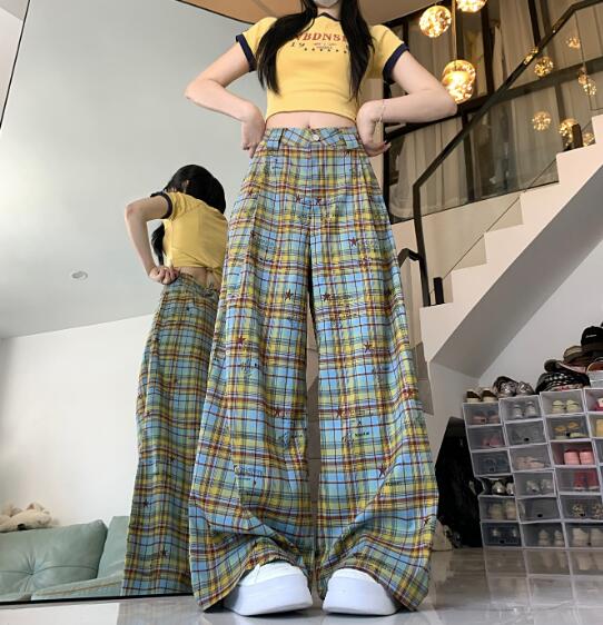 樂天商城 - チェック柄　星柄　パンツ　ズボン　ボトムス　スウェット ロング　ワイド　太い　太め　大きいサイズ　ビッグ　ジャージ　ゆったり　ハイウエスト　ポケット　ダンス　衣装　ヒップホップ　HIPHOP　レディース　ガールズ　個性的　奇抜　韓国ファッション