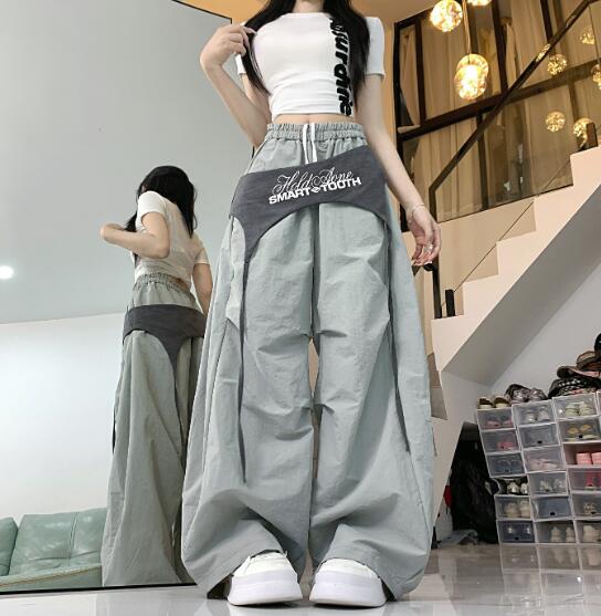 重ね着風 パンツ ズボン ボトムス スウェット ロング ワイド 太い 太め 大きいサイズ ジャージ ビッグ ゆったり ハイウエスト ポケット ダンス 衣装 ヒップホップ HIPHOP レディース ガールズ 個性的 奇抜 韓国ファッション