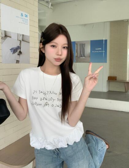 樂天商城 - 切替　半袖　トップス　カットソー　Tシャツ　短い　短め　シンプル　レディース　ガールズ　ストリート　個性的　奇抜　韓国　おしゃれ　可愛い