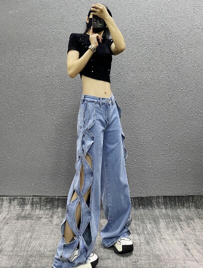デザイン ジーンズ ジーパン パンツ ズボン ボトムス ポケット デニム 太い 太め ダンス 衣装 ヒップホップ HIPHOP レディース ガールズ ストリート 大きいサイズ かっこいい 個性的 韓国ファッション