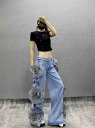 お花 ジーンズ ジーパン パンツ ズボン ボトムス ポケット デニム 太い 太め ダンス 衣装 ヒップホップ HIPHOP レディース ガールズ ストリート 大...