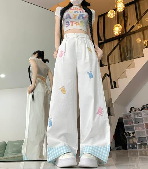 樂天商城 - ベア　くま　チェック柄　パンツ　ズボン　ボトムス　ロング　ワイド　太い　太め　大きいサイズ　ビッグ　ゆったり　ハイウエスト　ポケット　ダンス　衣装　ヒップホップ　HIPHOP　レディース　ガールズ　個性的　奇抜　かわいい