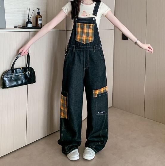 チェック柄 デニム オーバーオール サロペット オールインワン つなぎ ジーンズ ジーパン パンツ ズボン ロング ストレート ワイド 太い ゆったり ビッグ 刺繍 シンプル ダンス 衣装 ヒップホップ HIPHOP レディース ガールズ ストリート おしゃれ