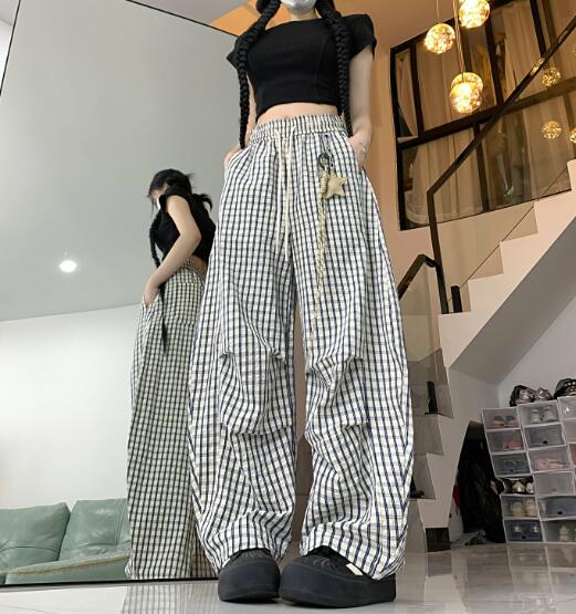 乐天商城 - チェック柄　パンツ　ズボン　ボトムス　ロング　ワイド　太い　太め　大きいサイズ　ビッグ　ゆったり　ハイウエスト　ポケット　ダンス　衣装　ヒップホップ　HIPHOP　レディース　ガールズ　個性的　奇抜　かわいい