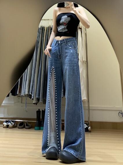 乐天商城 - 「S/M/L/XL」パール　ビジュー　レース切り替え　ストリート系 　ジーンズ　ジーパン　デニム ワイドパンツ 太い　太め ゆったり 　レディース　ガールズ 　ビックシルエット b系 hip hop 個性的　韓国ファッション　かっこいい　春　夏　秋