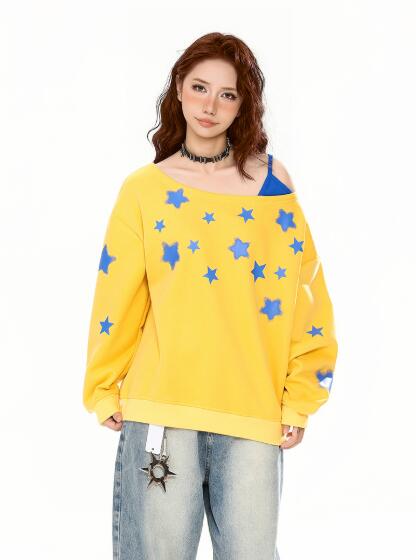 樂天商城 - 「S/M/L」星柄　パーカー 体型カバー　トレーナー 長袖 トップス パーカー ビッグシルエット ゆったり オーバーサイズ 大きいサイズ レディース　ガールズ　ストリート系　カジュアル 秋物新作　イエロー　黄色　ブルー
