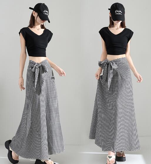 乐天商城 - 「S/M/L/XL」千鳥格 リボン アシンメトリー スカート ロングスカート レディース 春 夏 秋 冬 裾変形デザインスカート ミモレ丈 フレアスカート ボトムス チェック柄 ヘムライン ウエスト ひざ下 ゆったり きれいめ 美脚 脚長 大人かわいい
